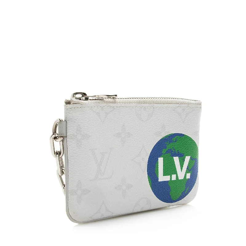 Ladies Louis Vuitton Capucines bags with a detachable shoulder strapLouis Vuitton Limited Edition Monogram Chalk Canvas Logo Story PM Key Pouch (SHF-22616)