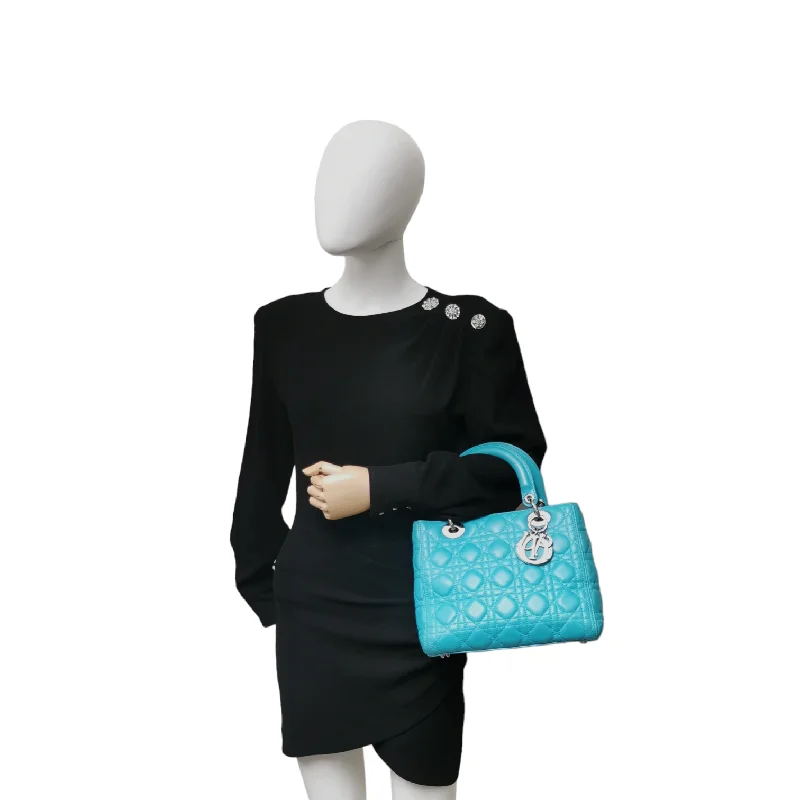 High - fashion Christian Dior bags with a geometric patternDior Lady Dior Medium Turquoise Cannage Quilted Leather Silver