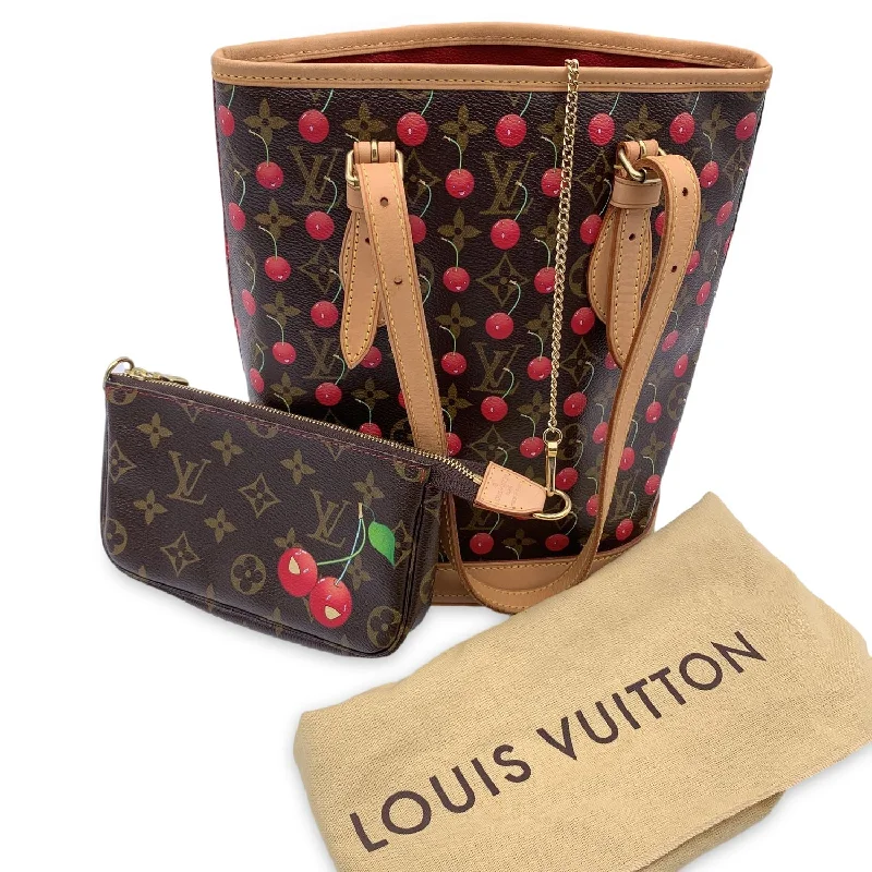 Louis Vuitton bags with a detachable mirror inside for on - the - go touch - upsLOUIS VUITTON Limited Edition Monogram Cerises Murakami Bucket Bag