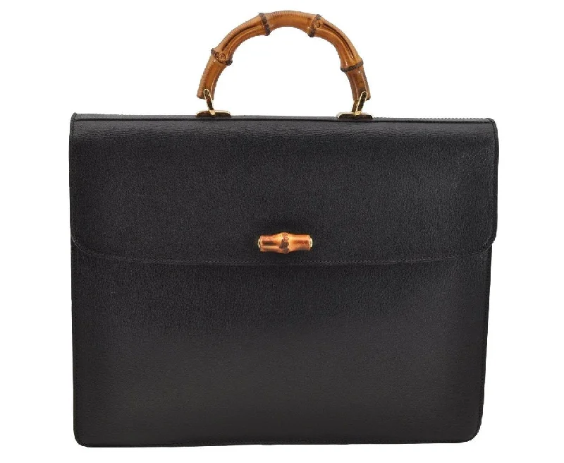 Women Gucci bags with a magnetic snap closure for easy accessAuthentic GUCCI Bamboo Vintage 2Way Briefcase Business Bag Leather Black 3295I