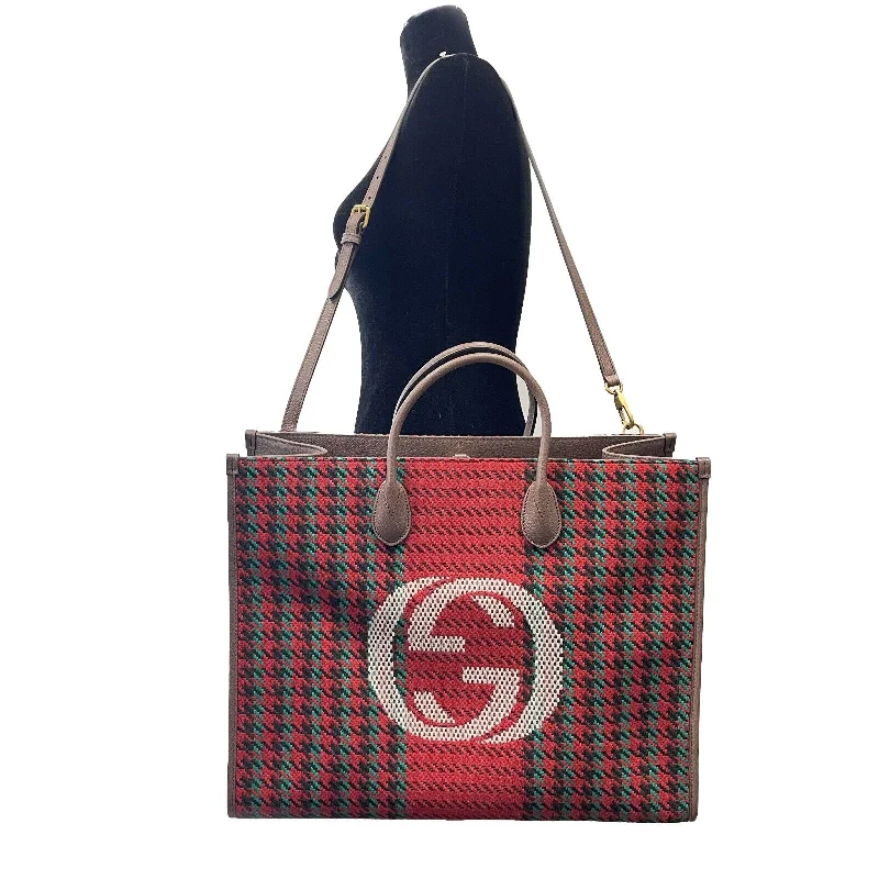 Ladies Gucci shoulder bags with a single - handle designGUCCI - NEW Large Houndstooth GG Tote w / Shoulder Strap