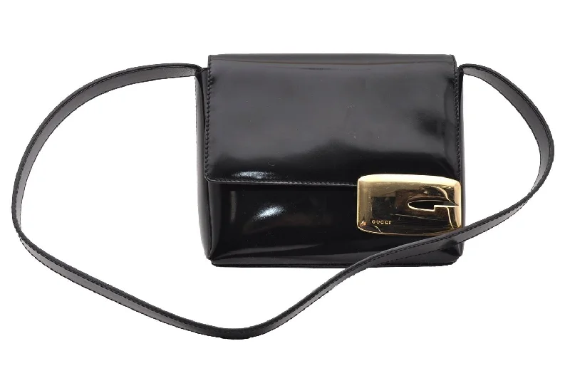 Women Gucci Sylvie bags featuring the signature web stripeAuthentic GUCCI Vintage Shoulder Hand Bag Purse Enamel Black Junk 2509I