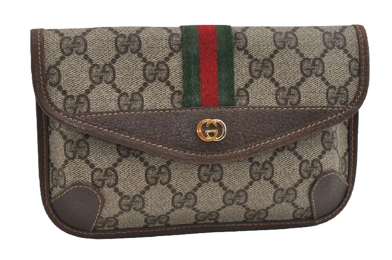 Women Gucci bags with a front - zip pocket for small itemsAuthentic GUCCI Web Sherry Line Clutch Hand Bag Purse GG PVC Leather Brown 2785I