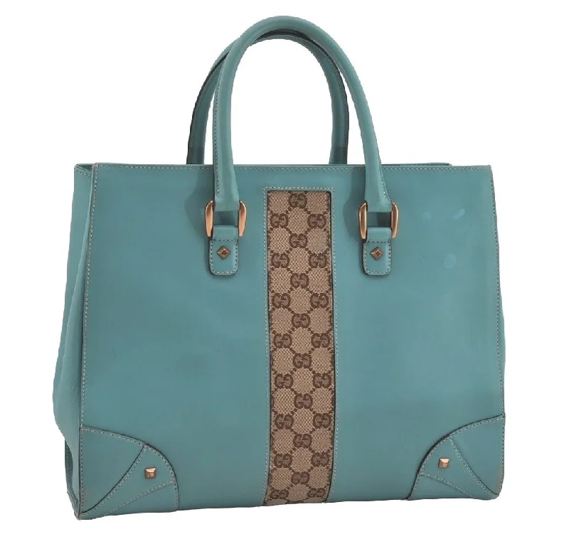 Ladies Gucci shoulder bags with a wide - width strapAuthentic GUCCI Vintage Hand Tote Bag Leather Canvas 120897 Light Blue 3160I