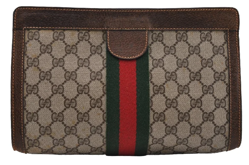 Women Gucci crossbody bags with a printed floral patternAuthentic GUCCI Web Sherry Line Clutch Hand Bag GG PVC Leather Brown Junk 2753I