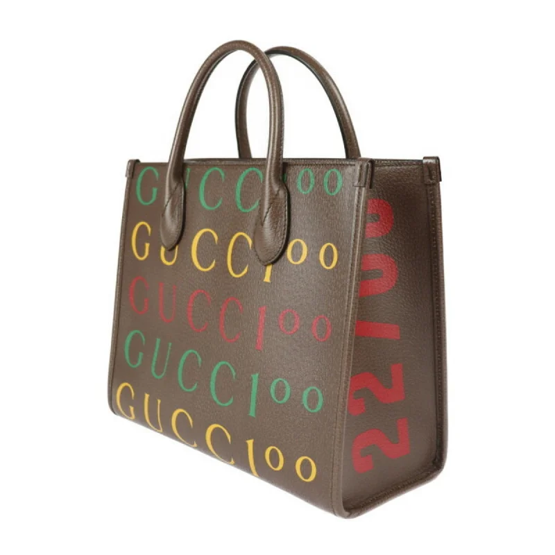 Ladies Gucci shoulder bags with a wide - width strapGUCCI 100th Anniversary Tote Bag 680956 Leather Brown Multicolor 2WAY Handbag Shoulder