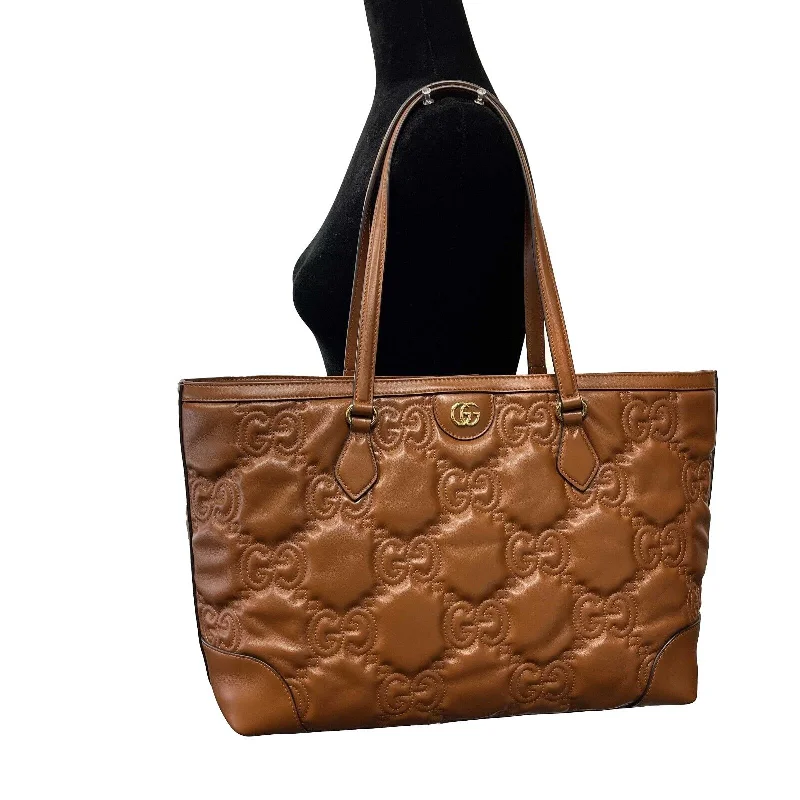 Women Gucci bags with a zippered interior pocketGUCCI - NEW Embossed GG Matelasse Brown Shoulder Tote