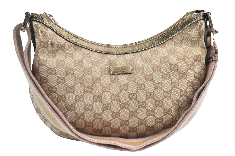 Women Gucci bags with a snap - button closure and a decorative charmAuthentic GUCCI Sherry Line Shoulder Bag GG Canvas Leather 181092 Beige K5135