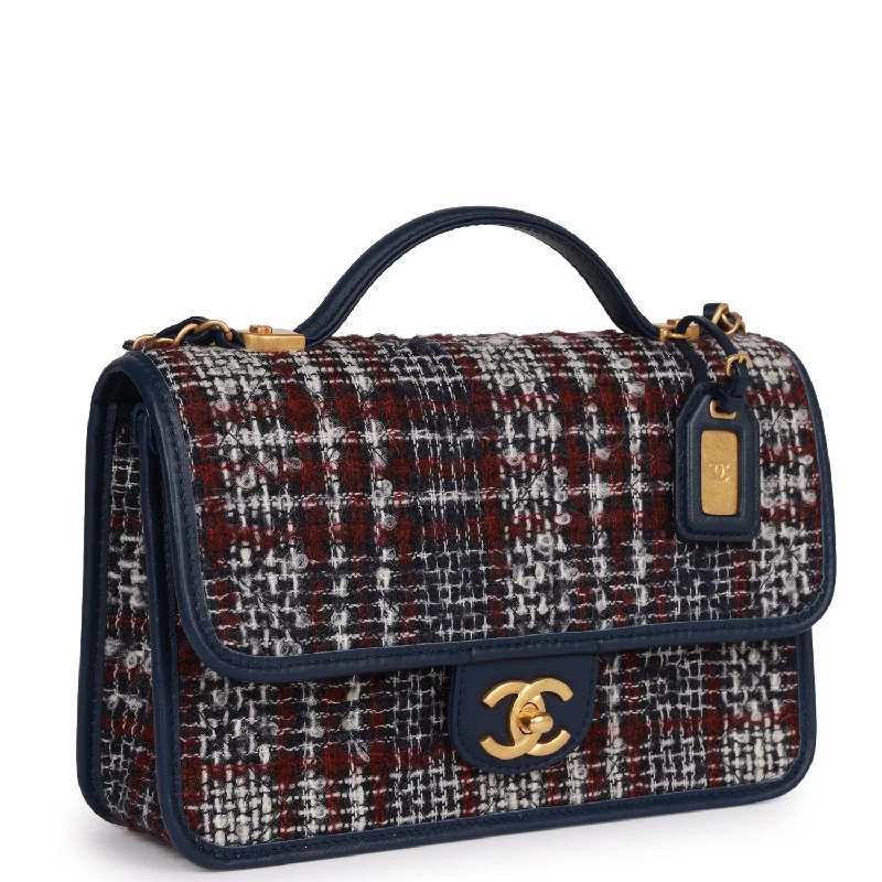 Chanel Classic Flap Bag for Evening PartyChanel Classic Flap Bag for Evening PartyPre-owned Chanel Medium School Memory Flap Bag with Top Handle Navy Multicolor Tweed Aged Gold Hardware