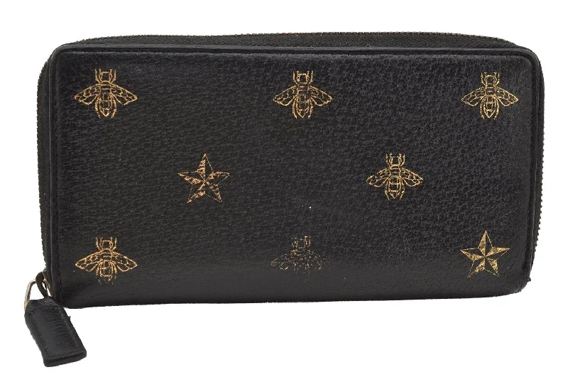 Women Gucci bags with a snap - button closure and a decorative charmAuthentic GUCCI Bee & Star Vintage Long Wallet Purse Leather 495062 Black 2856I