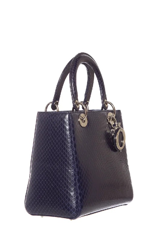 Contemporary Christian Dior handbags with a unique shapeChristian Dior Medium Navy Snakeskin Lady Dior Handbag