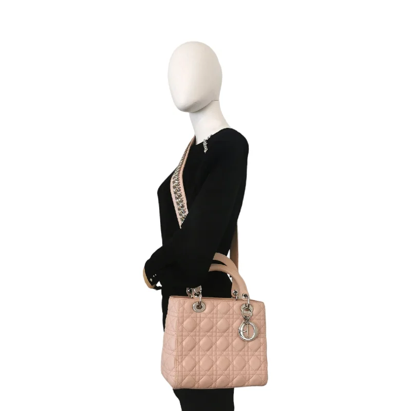 High - fashion Christian Dior bags with a geometric patternDior Lady Dior Medium Pink Lambskin Silver Rhinestone