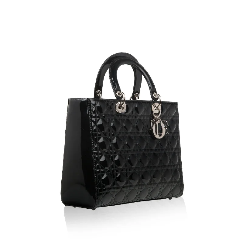 High - fashion Christian Dior bags with a geometric patternLady Dior Black Patent Leather Large