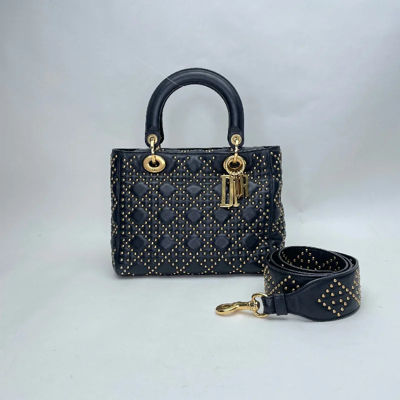 Christian Dior handbags with a snap - button closure and a decorative buckleLady Dior Medium Black Top Handle Bag in Lambskin, Gold hardware