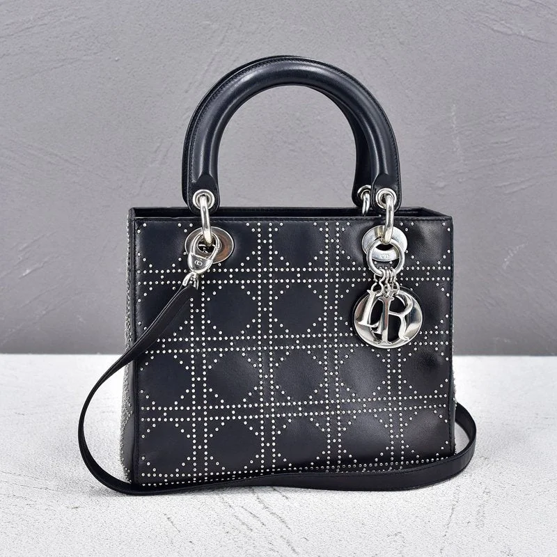 Christian Dior tote bags with a printed Dior logo on the frontLambskin Studded Cannage Medium Lady Dior