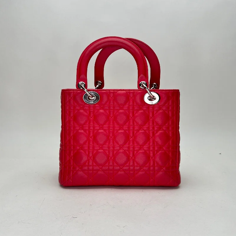 Christian Dior handbags with a snap - button closure and a decorative buckleMedium Lady Dior Medium Red Top Handle Bag in Lambskin, Silver hardware